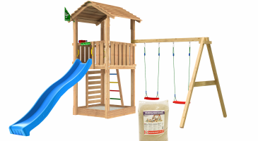Legetårn Cottage 2.1, inkl. Swing modul, 120 kg sand, blå rutschebane